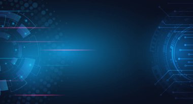 The abstract circuit board is on a blue background. Hi-tech digital technology and engineering concept. Wide technology communication. Futuristic design for banner or presentation.