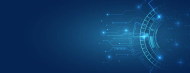 Çeşitli teknolojik elementlere sahip yüksek teknoloji vektör çizimi. Soyut küresel bilim kurgu kavramı. Mavi arka planda dijital internet iletişimi. Geniş Siber Güvenlik İnternet ve ağ oluşturma kavramı.