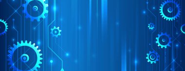 Dijital teknolojiler, veri transferi. Gelecekçi parçacık hareketi tasarımı. Web sitesi ve sunumlar için. Vites ve yatay çizgilerden oluşan soyut mavi arkaplan.