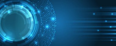 Yüksek teknoloji iletişim tasarımı. Elektronik vektör çizimi. Soyut modern dijital bilim teknolojisi fütüristik devre kartı. Mavi arkaplanda siber bağlantı.