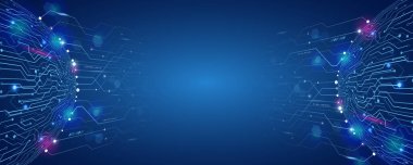 Wide Cyber security internet and networking concept. Hi-tech vector illustration with various technology elements. Abstract global sci-fi concept. Digital internet communication on blue background.