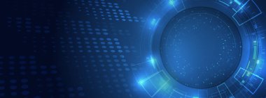 Mavi arka planda dijital internet iletişimi. Mühendislik vektör çizimi. Modern bilim teknolojisi geçmişi. Fütürist web pankartı şablonu. İnternet güvenliği, koruma.