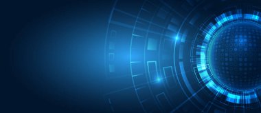 Geniş Siber Güvenlik İnternet ve ağ konsepti. Çeşitli teknolojik elementlere sahip yüksek teknoloji vektör çizimi. Soyut küresel bilim kurgu kavramı. Mavi arkaplanda dijital internet iletişimi.