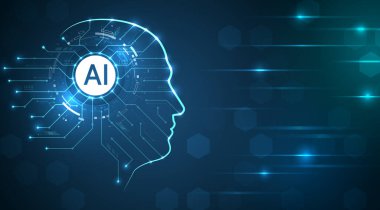 Yapay zekanın soyut yüzü. Dijital beyin, vektör yazılım dijital kod. Ağ yorumu. Koyu mavi zemin üzerinde parçacıklar olan baş silueti, veri analizi, veri bilimi