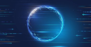 Wide Blue background with various technological elements. Abstract circle technology communication, vector illustration. Futuristic design for presentation. Hi-tech computer digital technology concept