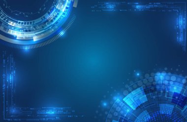 Wide Blue background with various technological elements. Abstract technology communication, vector illustration. Futuristic design for presentation. Hi-tech computer digital technology concept.