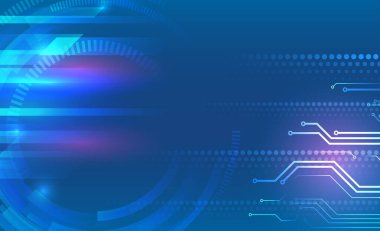 Mavi arka planda yüksek bilgisayar teknolojisi elementleri. Sunum veya afiş için bilimkurgu konsepti. Soyut fütüristik devre kartı. Yüksek teknoloji dijital teknoloji tasarımı.