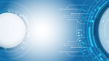 Çeşitli teknolojik elementlere sahip yüksek teknolojili mavi arka plan. Devre kartı ve dairelerin vektör çizimi. Soyut gelecek iletişimi.