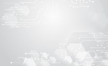 Soyut fütüristik iletişim. Çeşitli teknolojik elementlere sahip yüksek teknolojili gri arka plan. Altıgen ve çizgilerin vektör illüstrasyonu