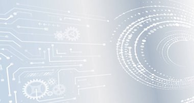 Bilim konsepti, gölgeli daireler ve devre kartı. Sunum ya da afiş için soyut yüksek teknoloji iletişimi. Çeşitli teknoloji elementleriyle bilim-kurgu gri arka planı.