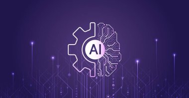 Yapay zeka vektör çizimi. Teknoloji arka plan şablonu. Mor arka planda soyut yüksek teknolojili beyin. Veri analizi, sinirsel ağ.