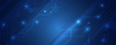 Veri transferi ve koruma, mavi arka planda internet iletişimi. Yüksek bilgisayar teknolojisi tasarımı. Modern veri koruma vektörü sunumu. Soyut devre kartı fütüristik kavram.