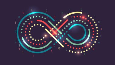 Sonsuzluk biçiminde büyük miktarda veriyi sıralamanın görselleştirilmesi. Bilgi analizi süreci. Vektör illüstrasyonu, karanlık bir arkaplanda bilgi akışı.