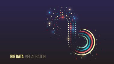 Vektör illüstrasyonu, karanlık bir arkaplanda bilgi akışı. Sonsuzluk biçiminde büyük miktarda veriyi sıralamanın görselleştirilmesi. Bilgi analizinin süreci.