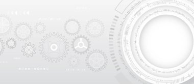 Sunum ya da afiş için soyut yüksek teknoloji iletişimi. Çeşitli teknoloji elementleriyle bilim kurgu gri arka planı. Bilim konsepti, devre kartı ve dişli mekanizması.