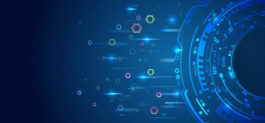 Mavi arka planda dijital internet iletişimi. Geniş Siber Güvenlik İnternet ve ağ konsepti. Çeşitli teknolojik elementlere sahip yüksek teknoloji vektör çizimi. Soyut küresel bilim kurgu kavramı.