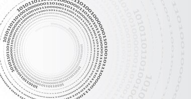 İkili kod, yapay zeka. Program kodu. Sayıların bilgisayar arkaplanı tünel şeklinde. Analitik, sıralama, yapılandırma, bilgi transferi. Veri akışıyla gri arkaplan.