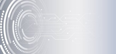 Dairelerin ve gölgeli çizgilerin temsilcisi. Soyut fütüristik iletişim. Çeşitli teknolojik elementlere sahip yüksek teknoloji gri arka plan.