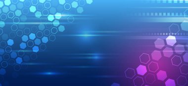 Soyut altıgenler, fütüristik kavram. Veri transferi ve koruma, mavi arka planda internet iletişimi. Yüksek bilgisayar teknolojisi tasarımı. Modern bilim vektörü sunumu.