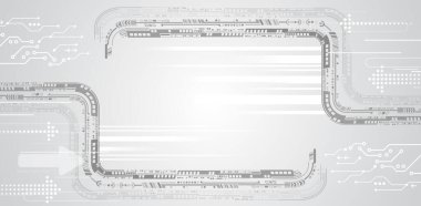 Dijital iletişim, veri koruması, fütüristik sunum, bilimsel kapak. Yazılı devre kartı, oklar ve diğer teknolojik elementlerden oluşan soyut gri yüksek teknoloji arka plan.
