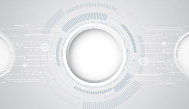 Basılı devre kartı çemberleri ve diğer teknolojik elementlerden oluşan soyut gri yüksek teknoloji arka planı. Dijital iletişim, veri koruması, fütüristik sunum, bilim örtüsü.