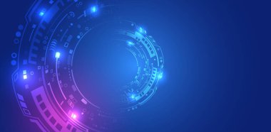 Daireler ve diğer teknolojik elementlerden oluşan soyut mavi yüksek teknoloji. Dijital iletişim, veri koruması, fütüristik sunum, bilimsel kapak.