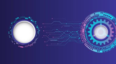 Devre kartı çemberi, teçhizat ve diğer teknolojik elementlerden oluşan soyut mavi yüksek teknoloji arka plan. Dijital iletişim, veri koruması, fütüristik sunum, bilimsel kapak.