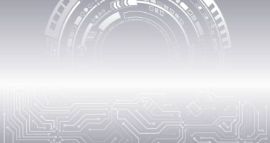 Dijital iletişim, veri koruması, yüksek teknoloji sunumu, bilimsel kapak. Yazdırılmış devre kartı çemberleri ve diğer teknolojik elementlerden oluşan soyut gri fütüristik arkaplan.