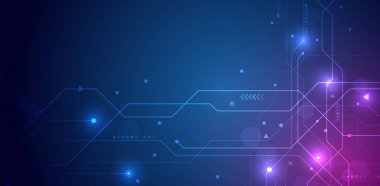 Dijital iletişim, veri koruması, yüksek teknoloji sunumu, bilimsel kamuflaj. Basılı devre kartı ve diğer teknolojik elementlerden oluşan soyut mavi fütüristik arkaplan.