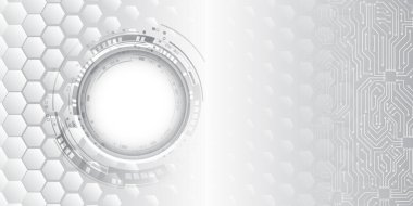 Basılı devre kartı, altıgenler ve diğer teknolojik elementlerden oluşan soyut gri yüksek teknoloji arka planı. Dijital iletişim, veri koruması, fütüristik sunum, bilim örtüsü.