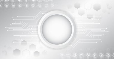 Basılı devre kartı çemberleri ve diğer teknolojik elementlerden oluşan soyut gri yüksek teknoloji arka planı. Dijital iletişim, veri koruması, fütüristik sunum, bilim örtüsü.