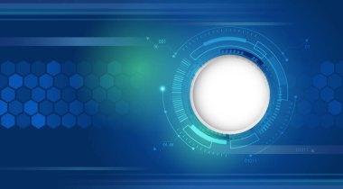 Wide Blue background with various technological elements. Abstract technology communication, vector illustration. Futuristic design for presentation. Hi-tech computer digital technology concept.