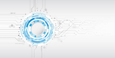 Çeşitli teknolojik elementlere sahip yüksek teknoloji vektör çizimi. Soyut devre kartı. Gri arka planda dijital internet iletişimi. Geniş Siber Güvenlik İnternet ve ağ oluşturma kavramı.