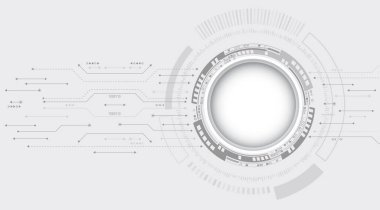 Basılı devre kartı çemberleri ve diğer teknolojik elementlerden oluşan soyut gri yüksek teknoloji arka planı. Dijital iletişim, veri koruması, fütüristik sunum, bilim örtüsü.