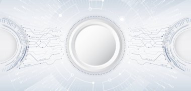 Gri arka planda dijital internet iletişimi. Geniş Siber Güvenlik İnternet ve ağ konsepti. Çeşitli teknolojik elementlere sahip yüksek teknoloji vektör çizimi. Soyut küresel bilim kurgu kavramı.