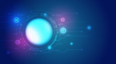 Çeşitli teknolojik elementlere sahip yüksek teknolojili mavi arka plan. Devre kartı ve dairelerin vektör çizimi. Soyut gelecek iletişimi.