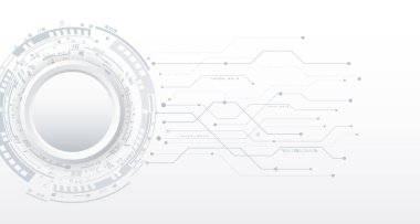 Çeşitli teknolojik elementlere sahip yüksek teknolojili gri arka plan. Devre kartı ve dairelerin vektör çizimi. Soyut gelecek iletişimi.