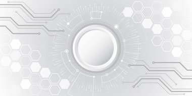 Gri arka planda dijital internet iletişimi. Geniş Siber Güvenlik İnternet ve ağ konsepti. Çeşitli teknolojik elementlere sahip yüksek teknoloji vektör çizimi. Soyut küresel bilim kurgu kavramı.