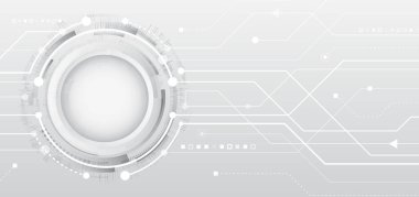 Gri arka planda dijital internet iletişimi. Geniş Siber Güvenlik İnternet ve ağ konsepti. Çeşitli teknolojik elementlere sahip yüksek teknoloji vektör çizimi. Soyut küresel bilim kurgu kavramı.