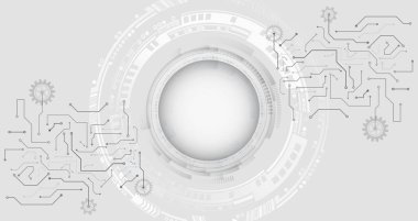Geniş gri arka plan ve çeşitli teknolojik elementler. Soyut teknoloji iletişimi, vektör çizimi. Fütürist sunum, afiş. Yüksek teknoloji bilgisayar dijital teknoloji kavramı.