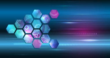 Abstract hexagons science on the blue background. Hi-tech digital technology and engineering concept. Wide Sci fi template with polygons for presentation or banner. clipart