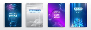 Bilim kurgu için sayfa düzeni hazır. Pazarlama için yüksek teknoloji kılıfları. Posterler için modern teknoloji tasarımı. Broşür ve el ilanı için fütüristik bir geçmiş. Sunum için bilimsel kapak şablonu, afiş.
