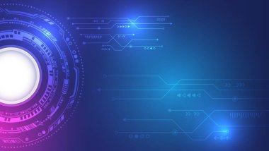 Geniş Siber Güvenlik İnternet ve ağ konsepti. Çeşitli teknolojik elementlere sahip yüksek teknoloji vektör çizimi. Soyut küresel bilim kurgu kavramı. Mavi arkaplanda dijital internet iletişimi.