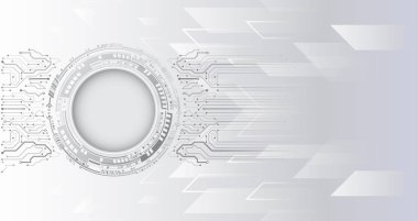 Yüksek teknoloji dijital teknoloji konsepti. Gri arka planda yüksek bilgisayar teknolojisi tasviri. Soyut gelecek tasarımı. Bilim kurgu, dinamik vektör çizimi.