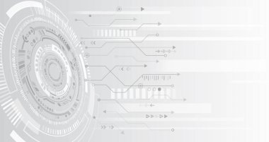 Gri arka planda dijital internet iletişimi. Geniş Siber Güvenlik İnternet ve ağ konsepti. Çeşitli teknolojik elementlere sahip yüksek teknoloji vektör çizimi. Soyut küresel bilim kurgu kavramı.