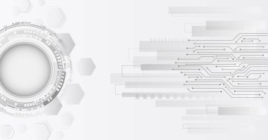 Dairelerin ve gölgeli çizgilerin temsilcisi. Soyut fütüristik iletişim. Çeşitli teknolojik elementlere sahip yüksek teknoloji gri arka plan.