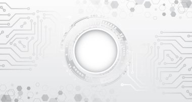Çeşitli teknolojik elementlere sahip yüksek teknolojili gri arka plan. Devre kartı altıgenlerin ve dairelerin vektör çizimi. Soyut gelecek iletişimi.