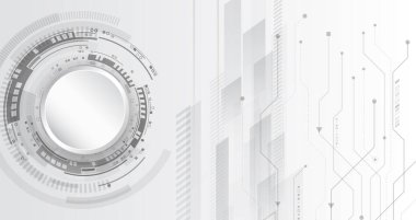 Dijital iletişim, veri koruması, yüksek teknoloji sunumu, bilimsel kapak. Yazdırılmış devre kartı çemberleri ve diğer teknolojik elementlerden oluşan soyut gri fütüristik arkaplan.