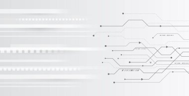 Devre kartlarının ve çizgilerin vektör çizimi. Soyut fütüristik iletişim. Çeşitli teknolojik elementlere sahip yüksek teknoloji gri arka plan.