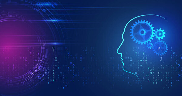 Анализ данных, нейронная сеть. Векторная иллюстрация искусственного интеллекта. Шаблон фона технологии. Абстрактный высокотехнологичный мозг на синем фоне.